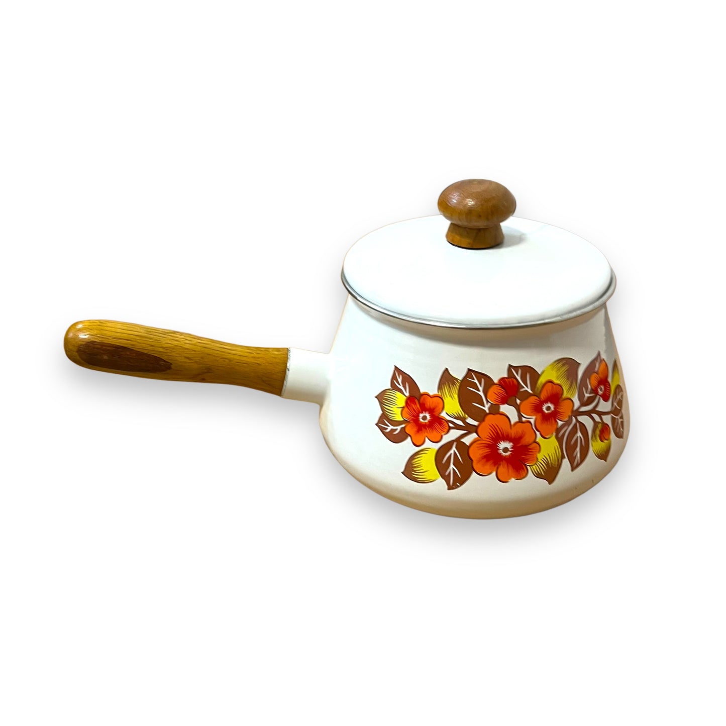 Floral Enamel Fondue Pot with Wooden Handle and Lid