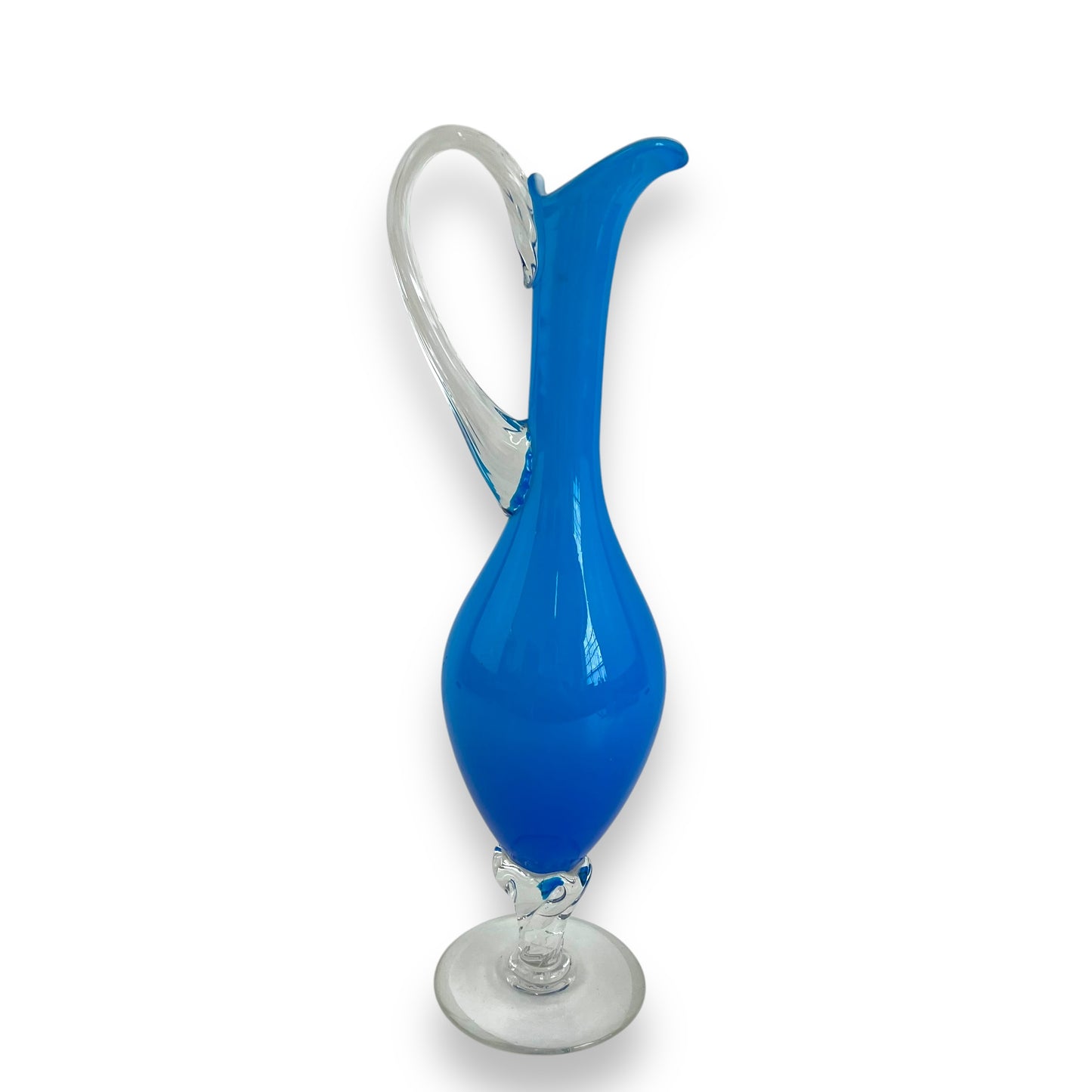 Italian Empoli Blue Cased Glass Pedestal Pitcher with Clear Twisted Handle