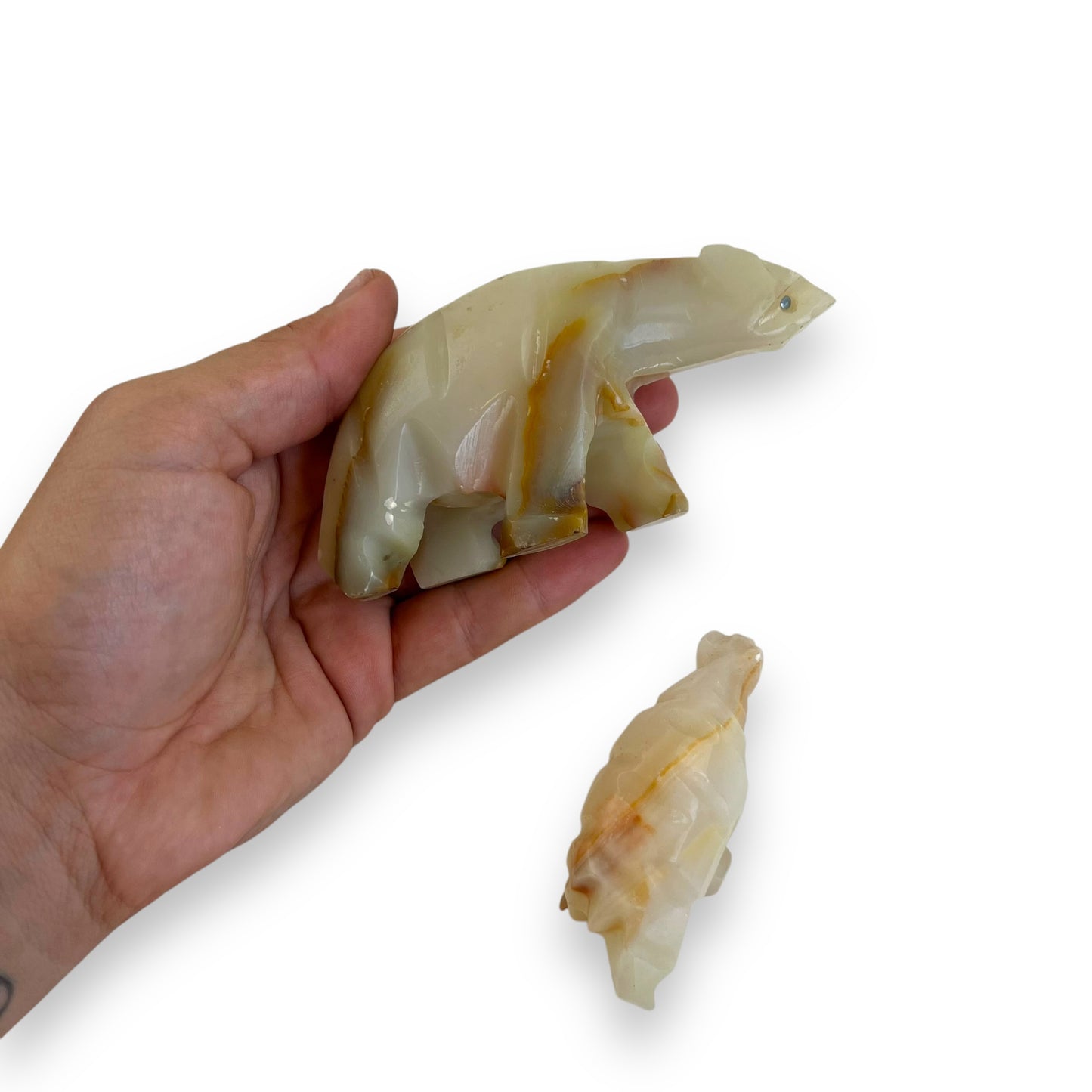 Onyx stone mother bear and cub handcarved statue set