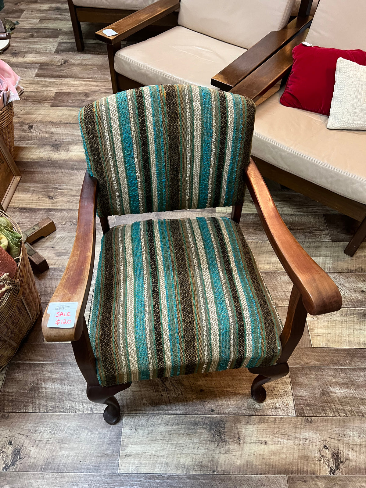 Vintage Blue Striped Timber Armchair