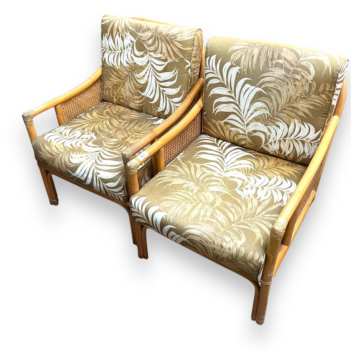 Cane Lounge Chair with brown palm print cushions