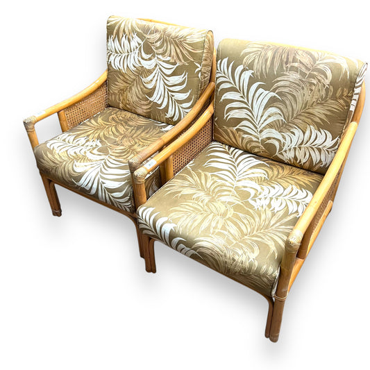 Cane Lounge Chair with brown palm print cushions