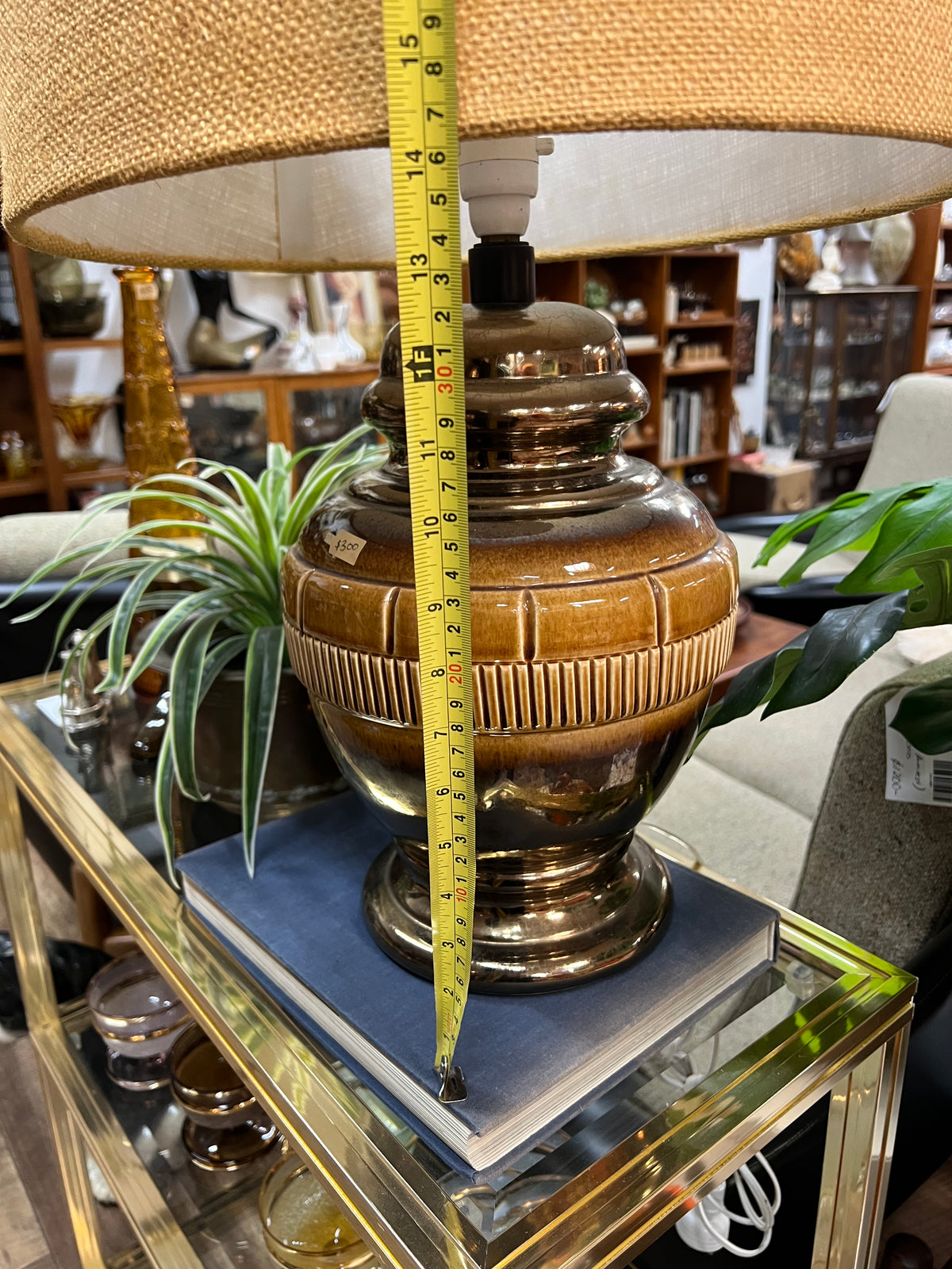 1970s Ceramic Table Lamp – Brown Glaze with hessian shade