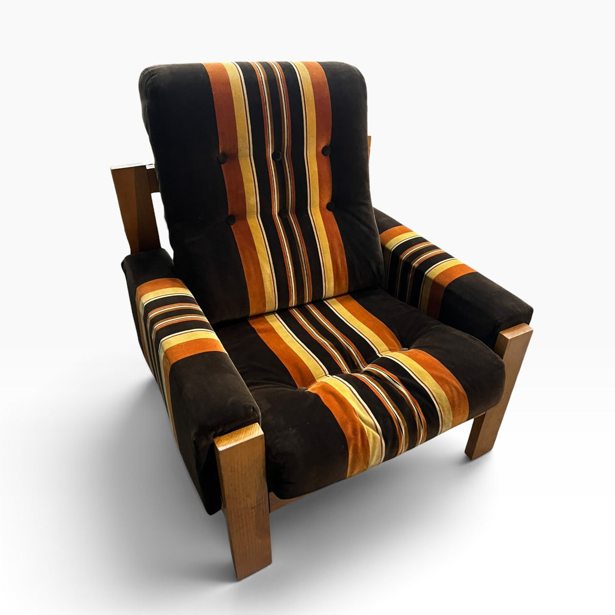 #1 Danish Deluxe Armchair – Original Brown, Orange & Gold Striped Upholstery