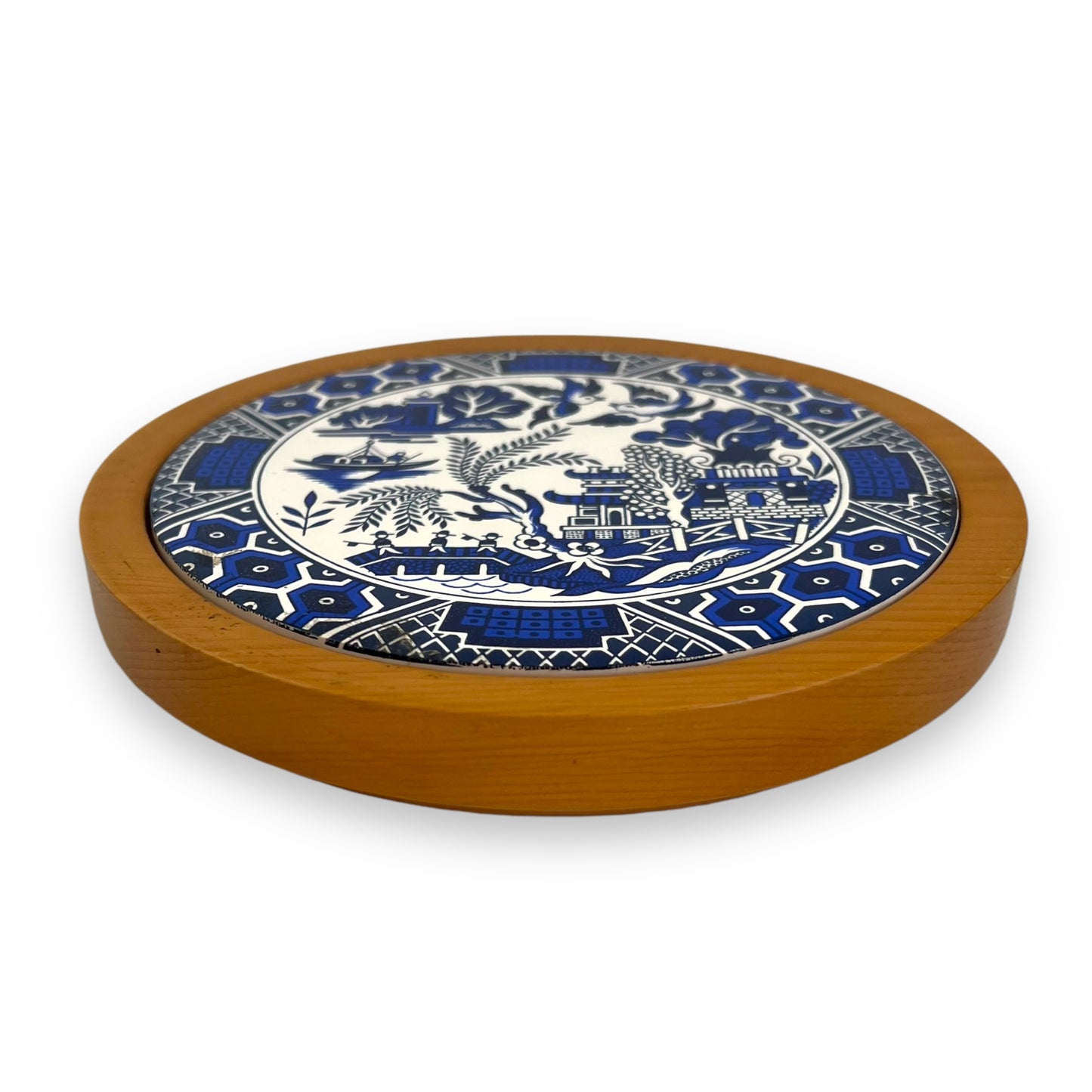 Blue Willow Oriental Pattern Trivet with Rosewood Base