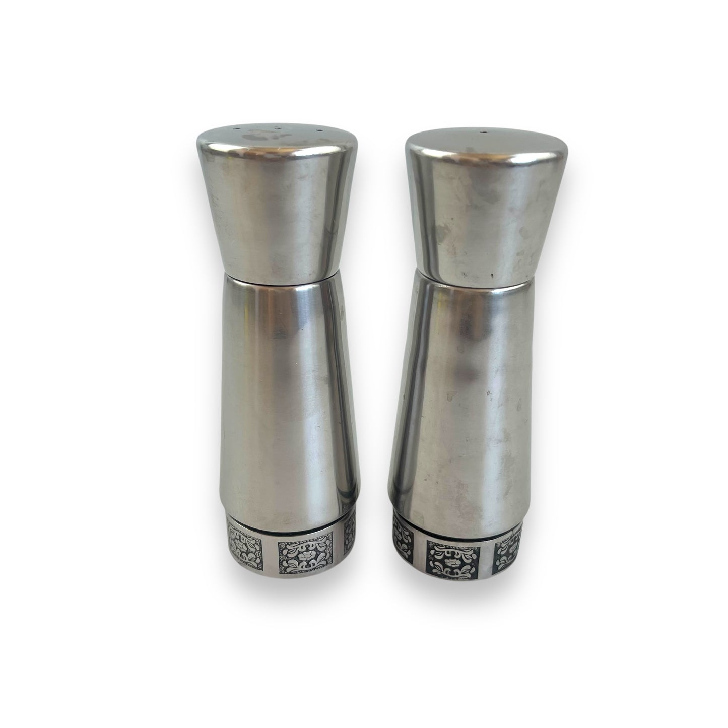 Stainless Steel Salt and Pepper Shakers with Ornate Floral Trim by Wiltshire