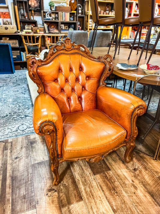 Tufted Leather Armchair with Ornate Carved Frame