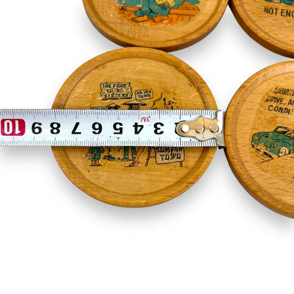 Vintage Wooden Novelty drink coaster set in holder