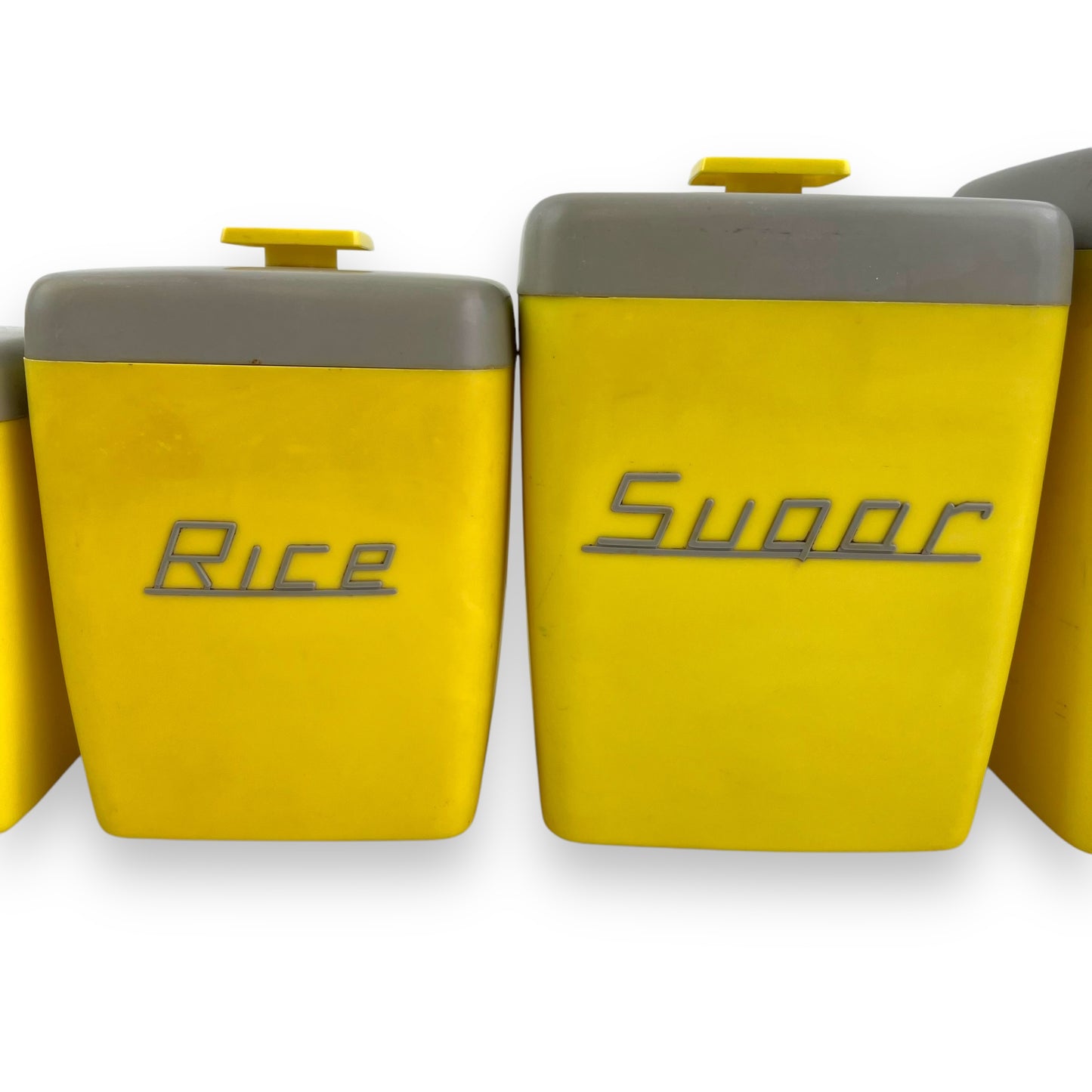 Yellow & Grey 1950s Plastic Nallyware Canister Set of 5 - Coffee, Tea, Rice, Sugar, Flour - Retro Kitchen Storage