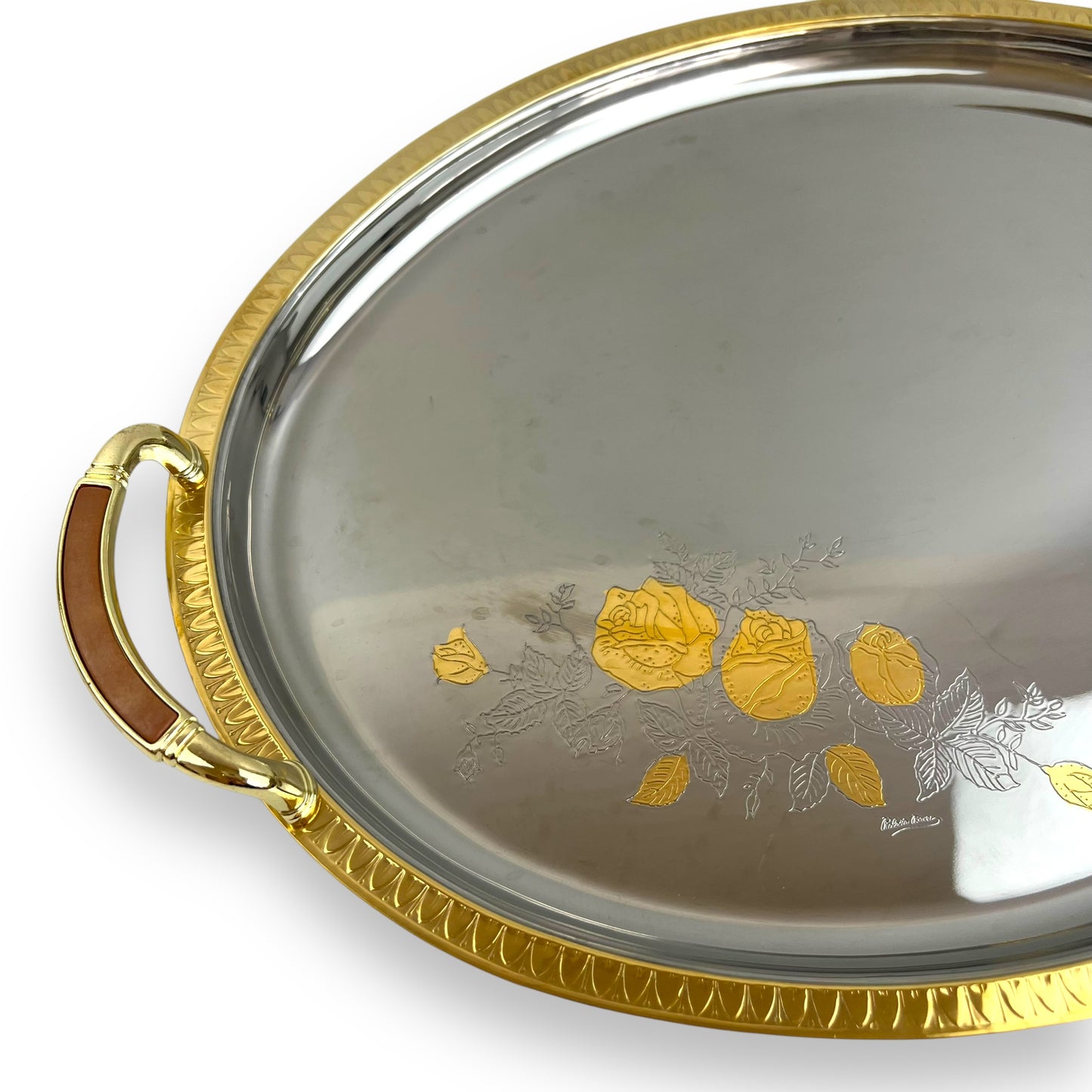 Chrome with gold trim large serving platter with rose design