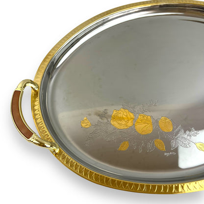 Chrome with gold trim large serving platter with rose design