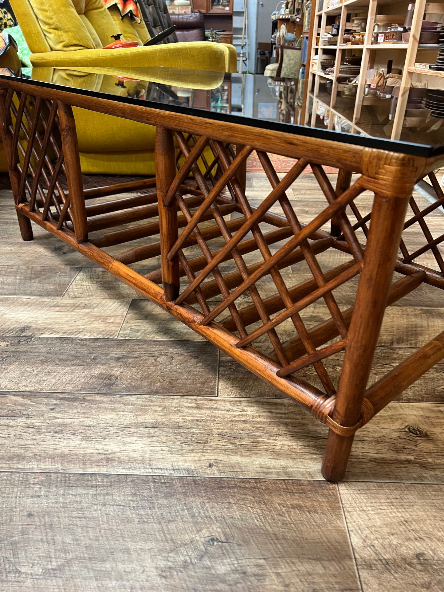 Brown Rattan/Cane Coffee Table with Smoked Glass Top