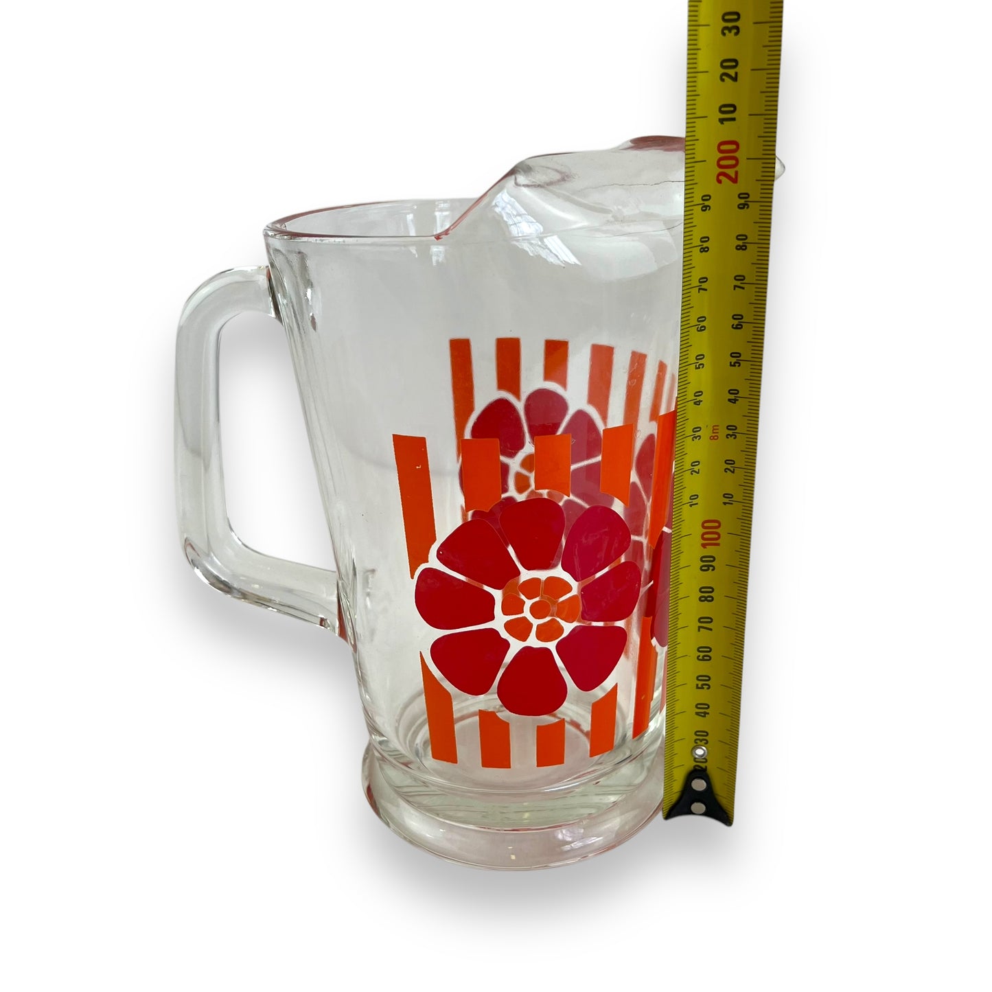 Glass Jug with Orange Stripes & Red Flower Decal – Retro 1970s Pitcher