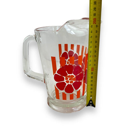 Glass Jug with Orange Stripes & Red Flower Decal – Retro 1970s Pitcher