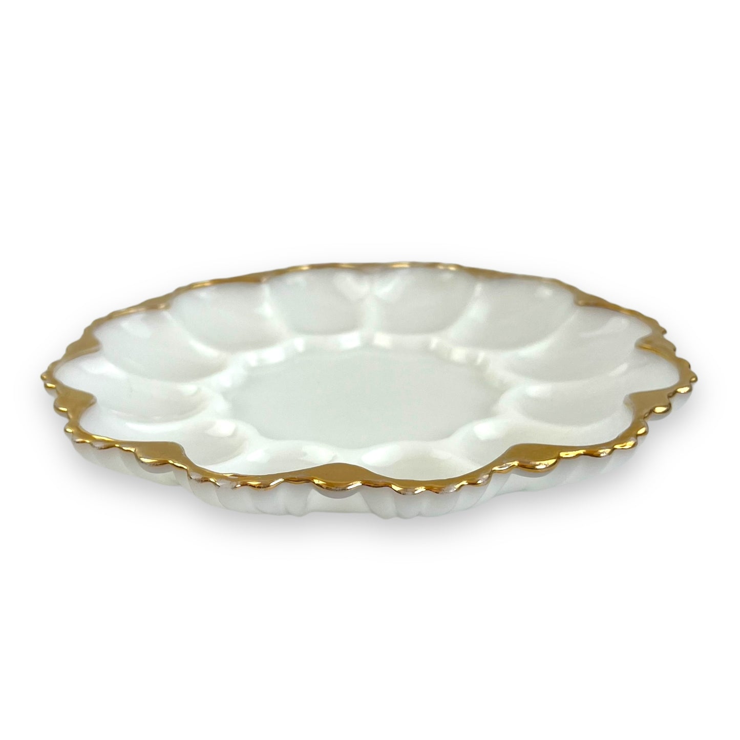 Anchor Hocking Milk Glass Devilled Egg Plate with Gold Rim