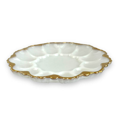 Anchor Hocking Milk Glass Devilled Egg Plate with Gold Rim