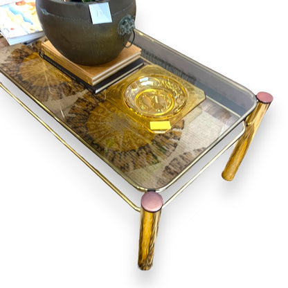 Brass tubular coffee table rectangle with Smokey glass top