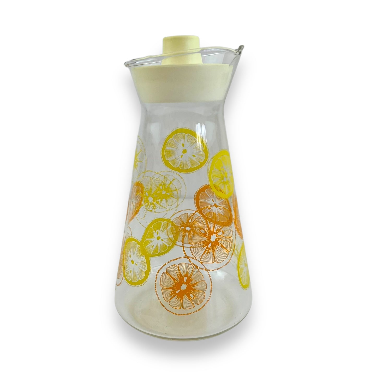 Pyrex Glass Carafe – USA Made, Citrus Slice Print, Mid-Century Pitcher with Lid