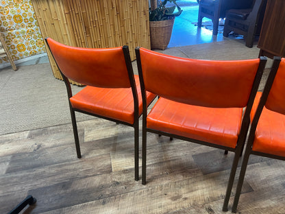 Set of 4 Mid Century Bright Orange Vinyl Dining Chairs with Dark Brown Steel Frames