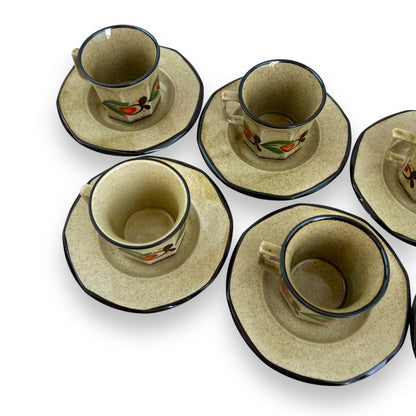 Italian Pottery Tea Set - 7 Cups and Saucers with Hand-Painted Fruit Design