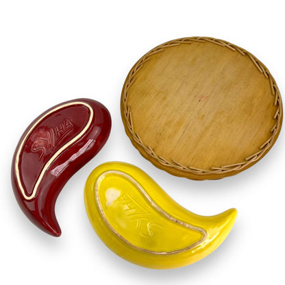 Yellow & Maroon ceramic snack tray on cane carrier