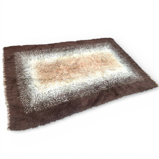 Greek Flokati Wool Rug – Chocolate & Cream Shag (c. 1960s–70s)