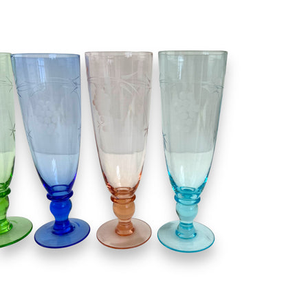Set of 6 Vintage Etched Glasses – Multicoloured Grape Motif – Wine or Champagne
