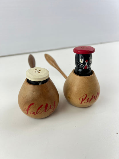 Peppy & Salty Cat Salt & Pepper Shakers with Timber Holders