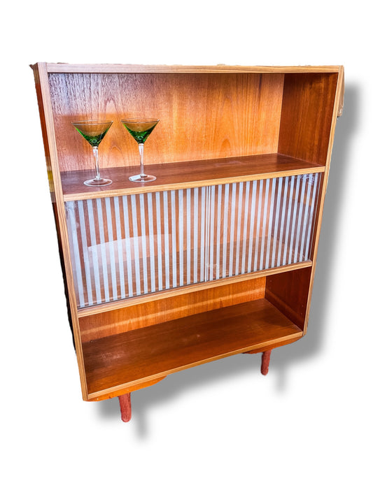 Mid-Century Danish Teak Bookcase with Ribbed Glass Sliding Doors, 1960s
