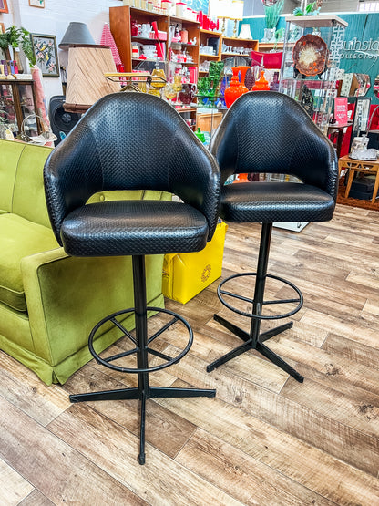 Pair of Black Vinyl Bar Stools with Footrest Base