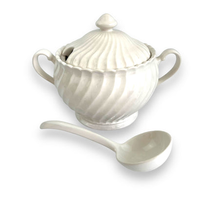White Ceramic Serving Soup Pot with ladle made in Japan