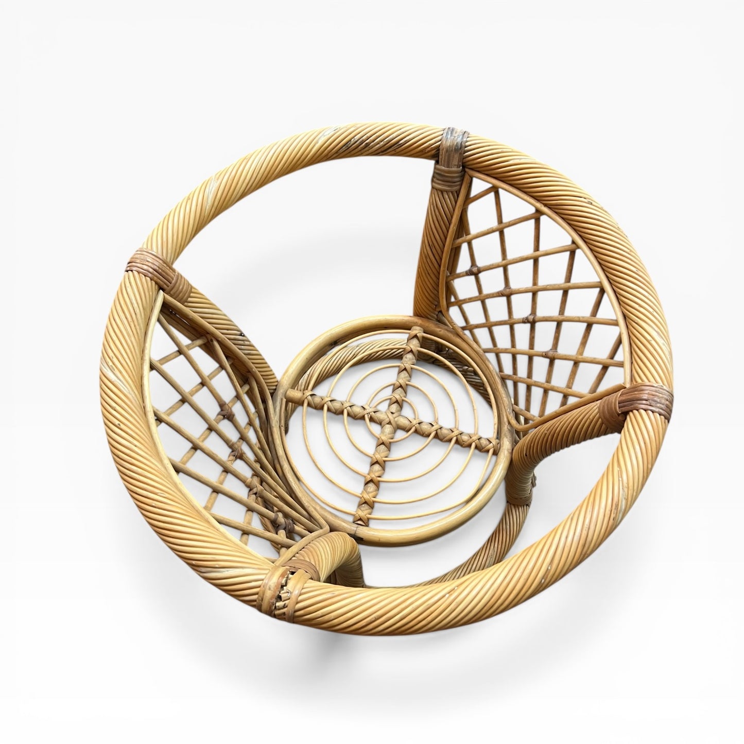 Cane Side Table with Round Glass Top & Sculptural Base