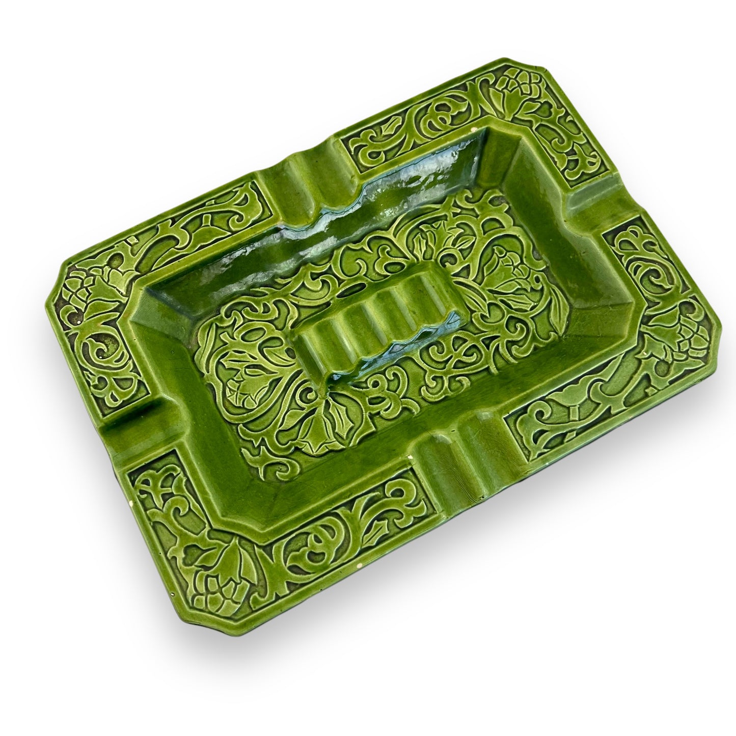 Green Ornate Pattern Ceramic Ashtray - Made in Japan