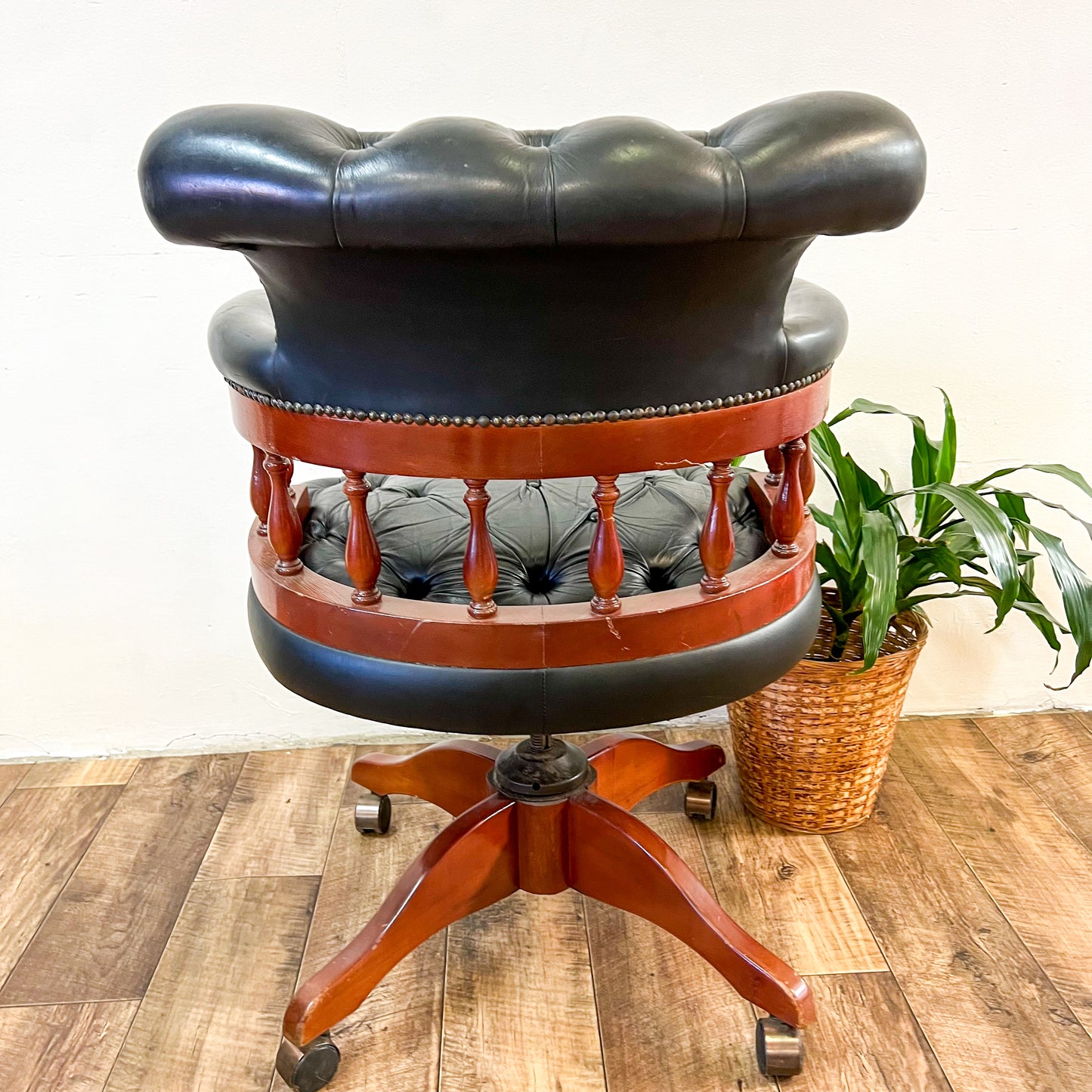 Black Leather & Wood Chesterfield Style Captains Office Chair