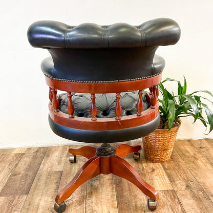 Black Leather & Wood Chesterfield Style Captains Office Chair