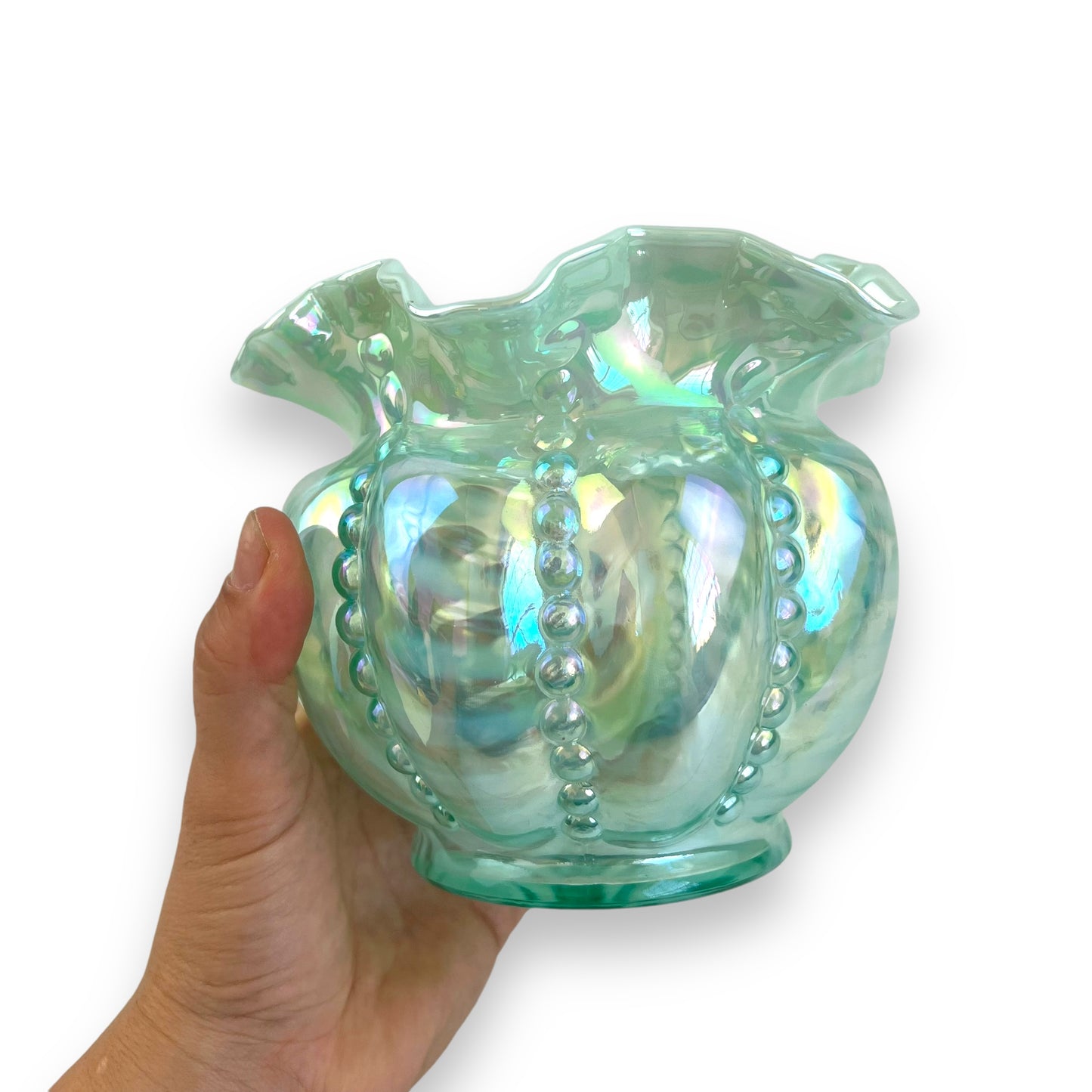 Fenton Opalescent Optic Sea Mist Green Beaded Melon Vase - Iridescent Ruffled Edge
