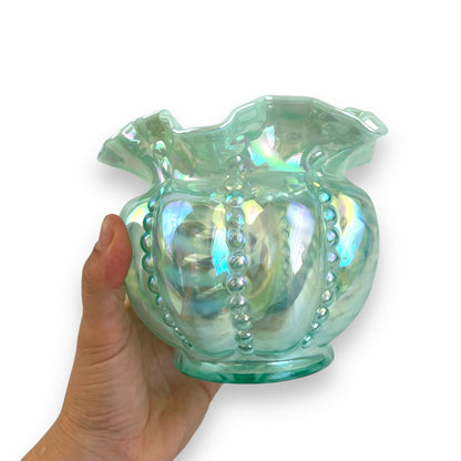 Fenton Opalescent Optic Sea Mist Green Beaded Melon Vase - Iridescent Ruffled Edge