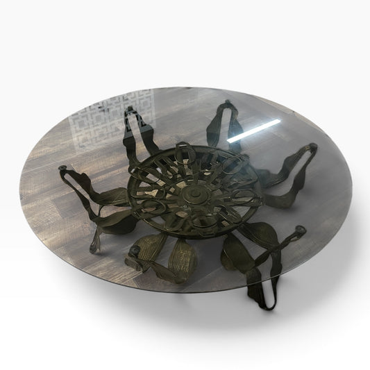Large Brutalist Sculptural Metal & Smoked Glass Coffee Table  1.22m diameter