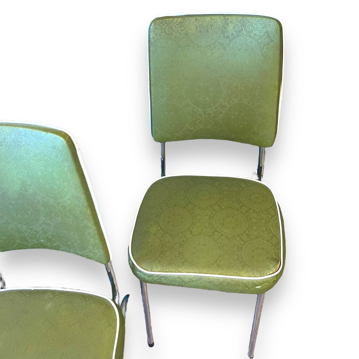 Set of 4 Vintage Green Vinyl Dining Chairs with Chrome Legs