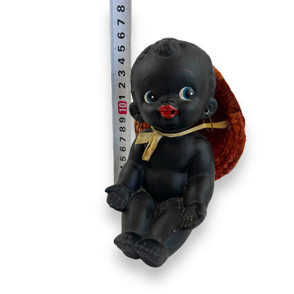 Black Ceramic Kewpie Doll with Straw Hat & Earrings - Made in Japan