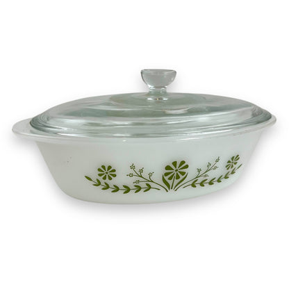 Glasbake oval white glass dish with clear lid and geeen decal