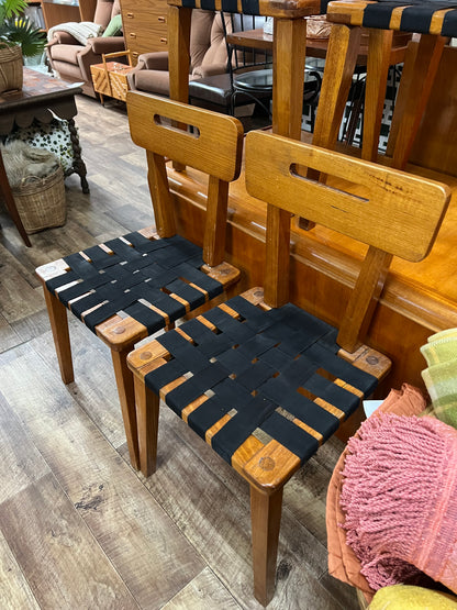 Set of 4 Vintage Timber Dining Chairs with Black Woven Strap Seats