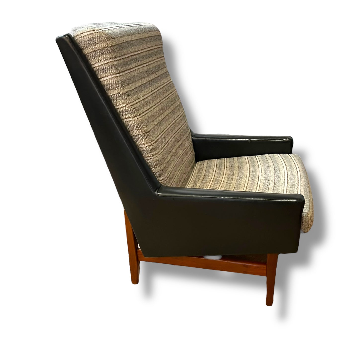 Fler ‘Flerclub’ High Back Armchair – Mid-Century Modern, Vinyl & Striped Fabric, Teak Base