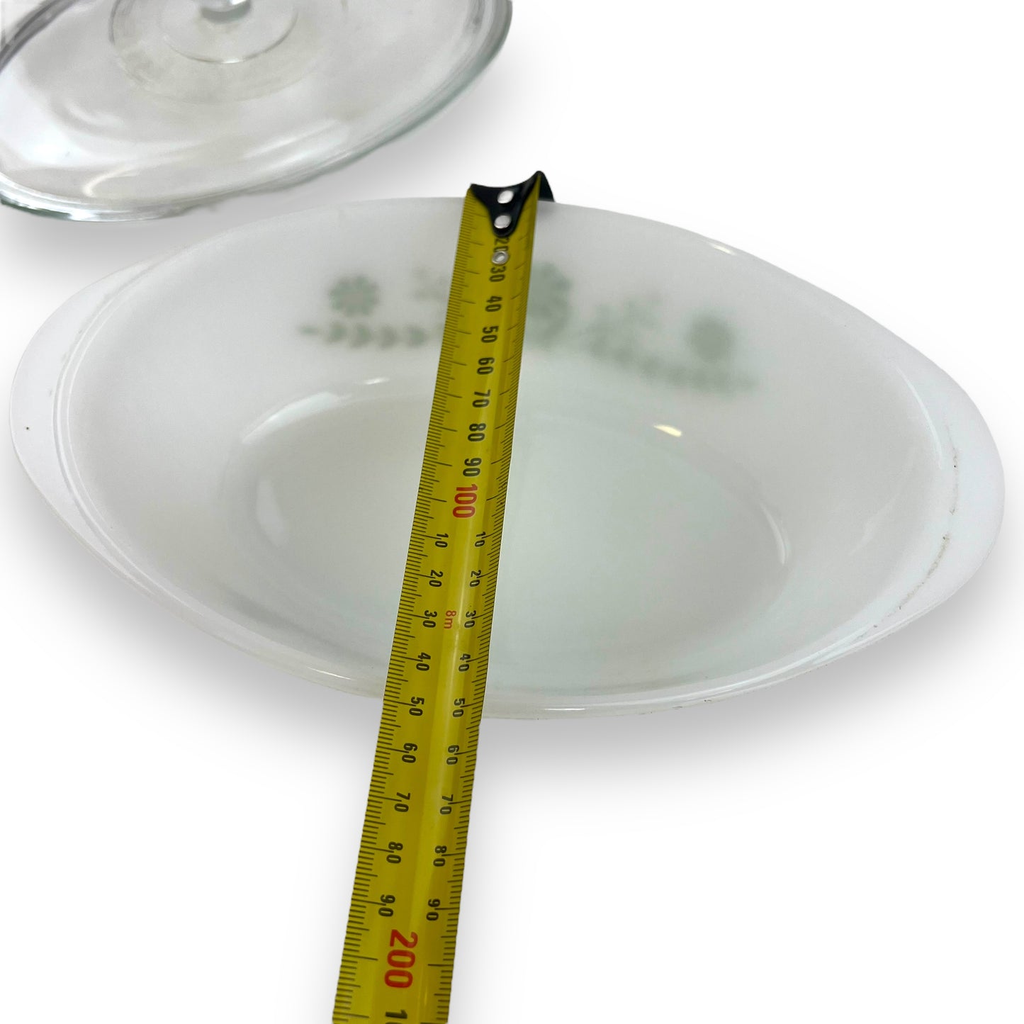 Glasbake oval white glass dish with clear lid and geeen decal
