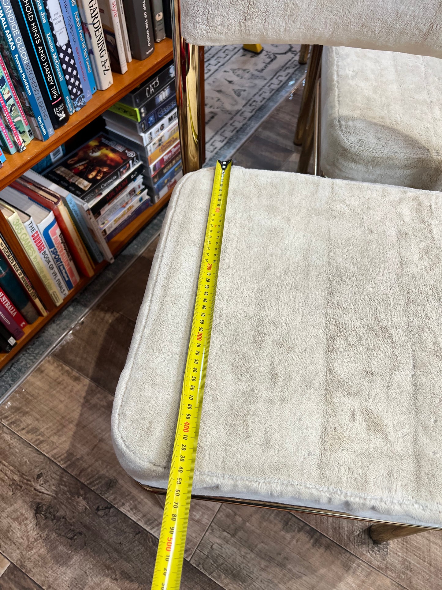 Brass & Smoked Glass Dining Table with 6 Chairs cream upholstery