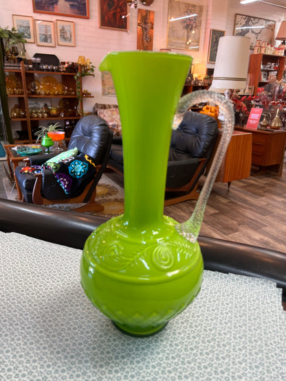 Lime Green Art Glass Ewer Vase with Clear Applied Handle – Decorative Scroll Detail