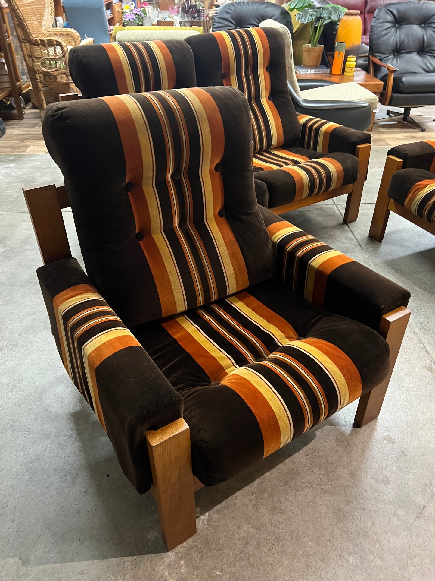 #2 Danish Deluxe Armchair – Original Brown, Orange & Gold Striped Upholstery