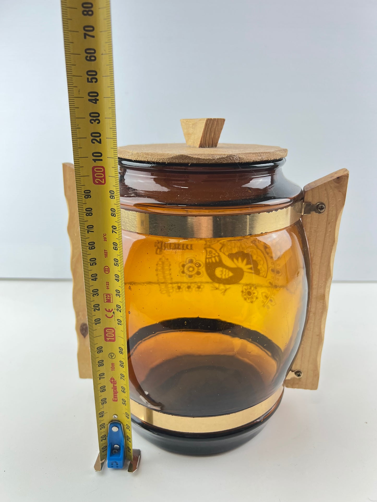 Amber Glass Biscuit Barrel with Timber Handles