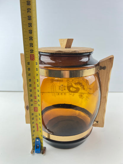 Amber Glass Biscuit Barrel with Timber Handles