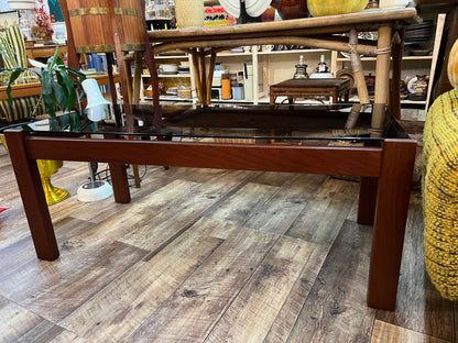 Mid-Century Modern Rectangle Smoked Glass Coffee Table with Rich Walnut-Toned Timber Frame